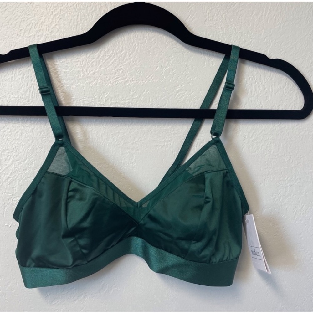 AUDEN BRA BRALETTE UNLINED SATIN SEMI SHEER MESH DARK GREEN NWT